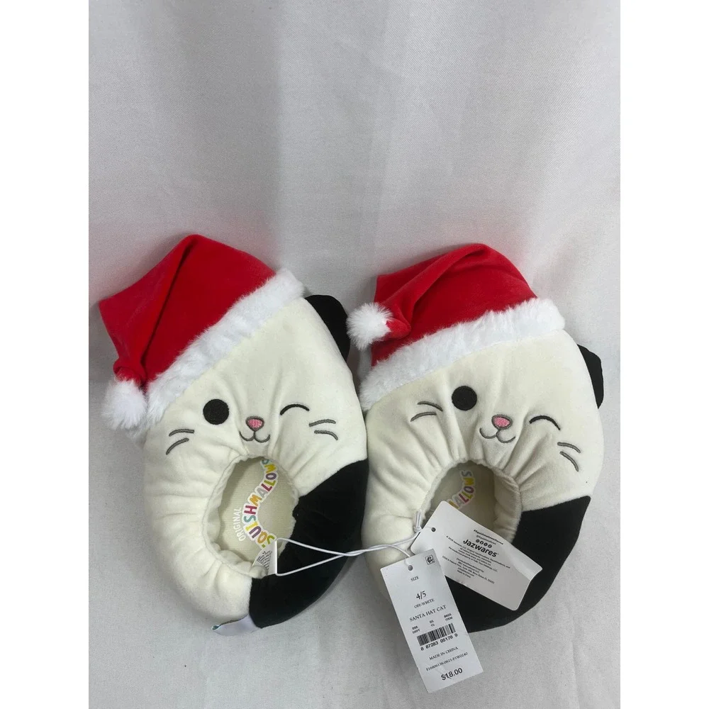 Squishmallows Santa Hat Cat Plush Slippers Kids Size 4/5 Off-White Holiday Shoes